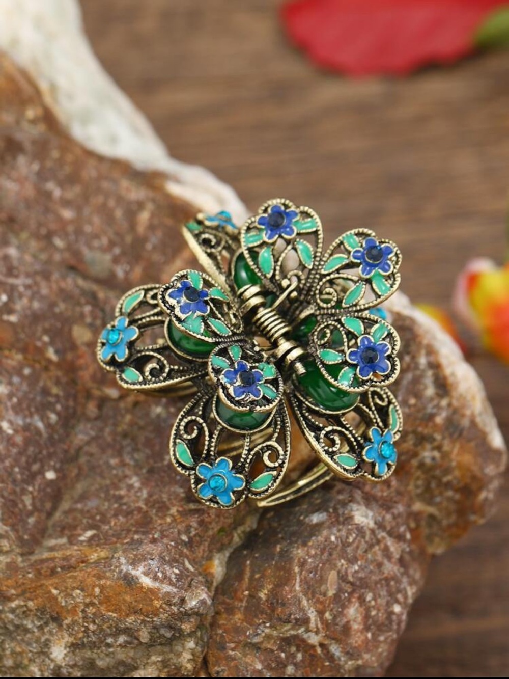 Vintage-Boho Green and Blue Rhinestone Butterfly Hair Clip NEW 🏷️
